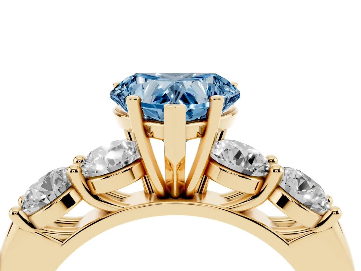 Fancy Blue Heart Cut Cut Five-Stone Prong Set Diamond Ring with Classic Band Yellow gold