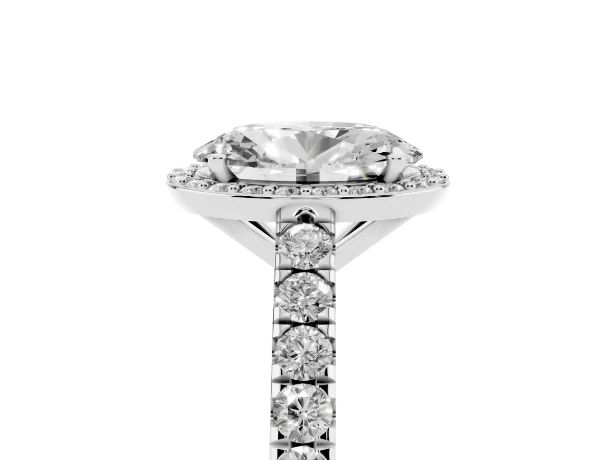 Oval Cut Cut Halo Diamond Engagement Ring with Pave Band and Four-Prong Setting Silver