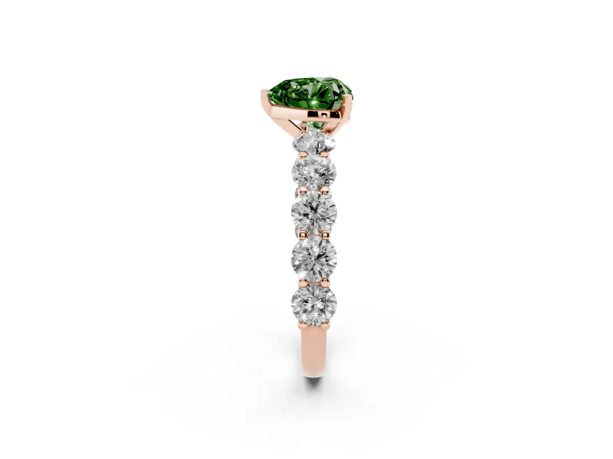 Fancy Green Heart Cut Diamond Prong Setting with Side Stones on a Pave Band Rose gold