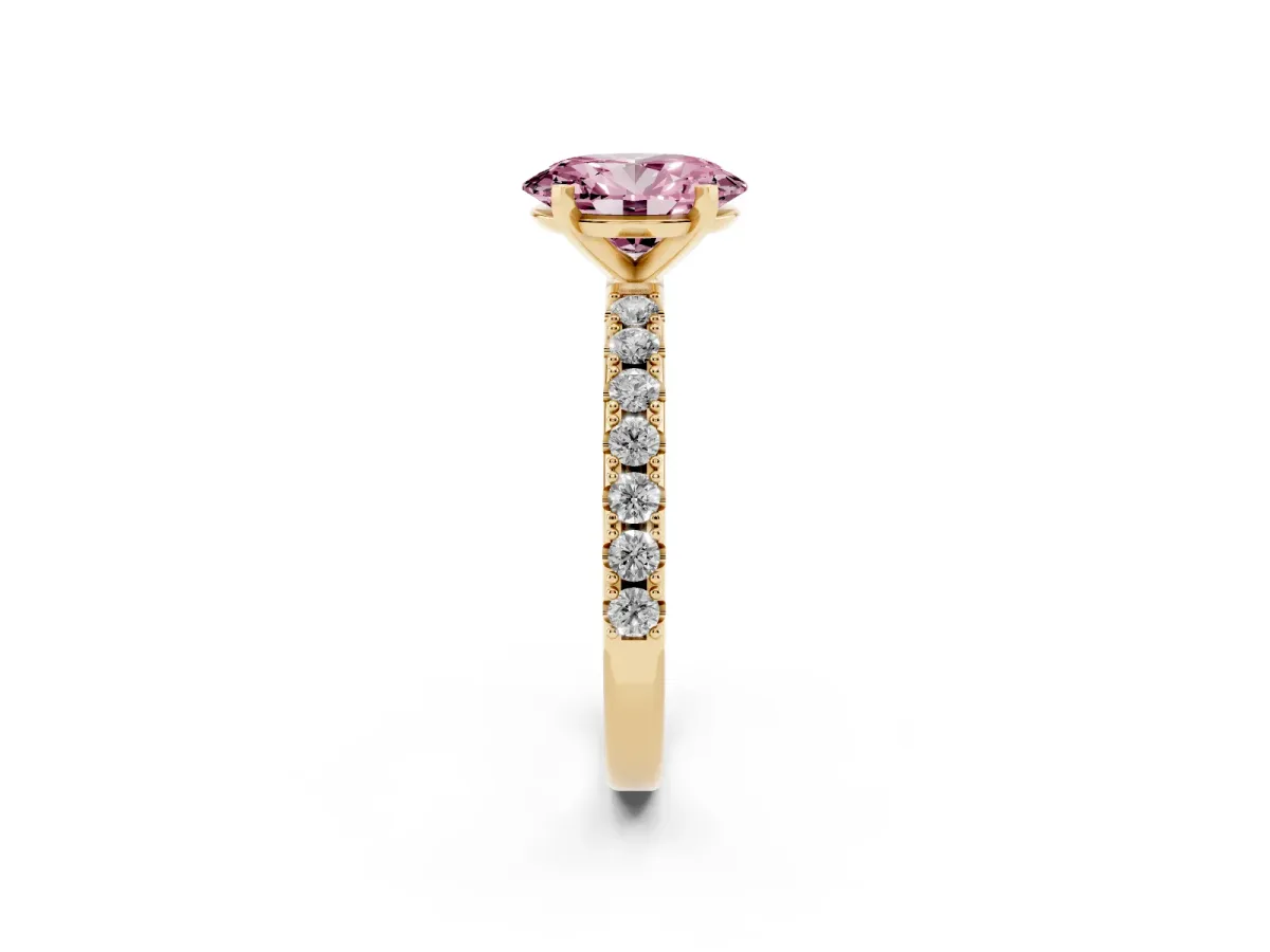 Fancy Pink Oval Cut Diamond Solitaire Pavé Band with Four-Prong Setting Yellow gold