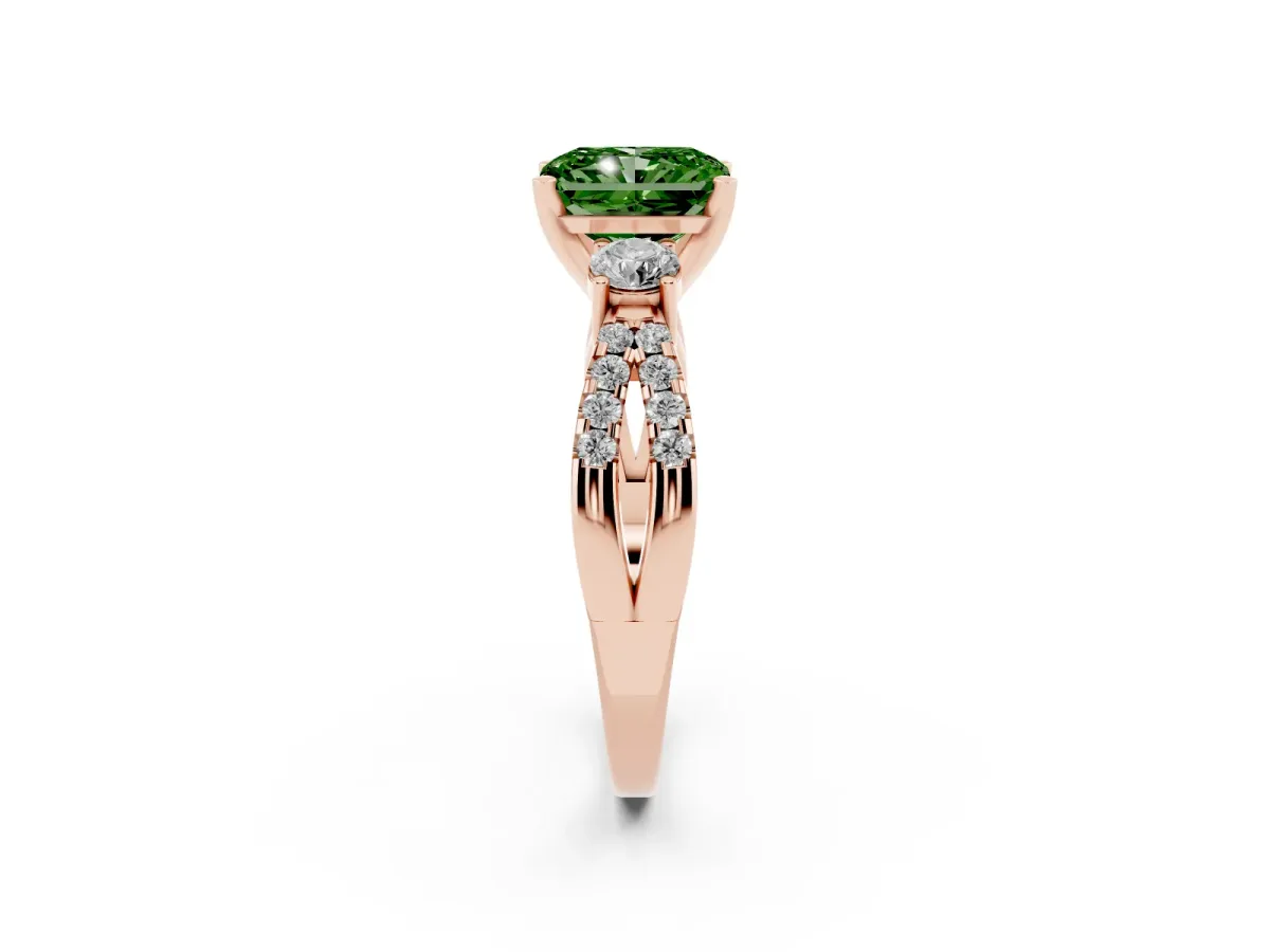 Fancy Green Radiant Cut Diamond Three-Stone Ring with Pavé Split Shank and Four-Prong Setting Rose gold