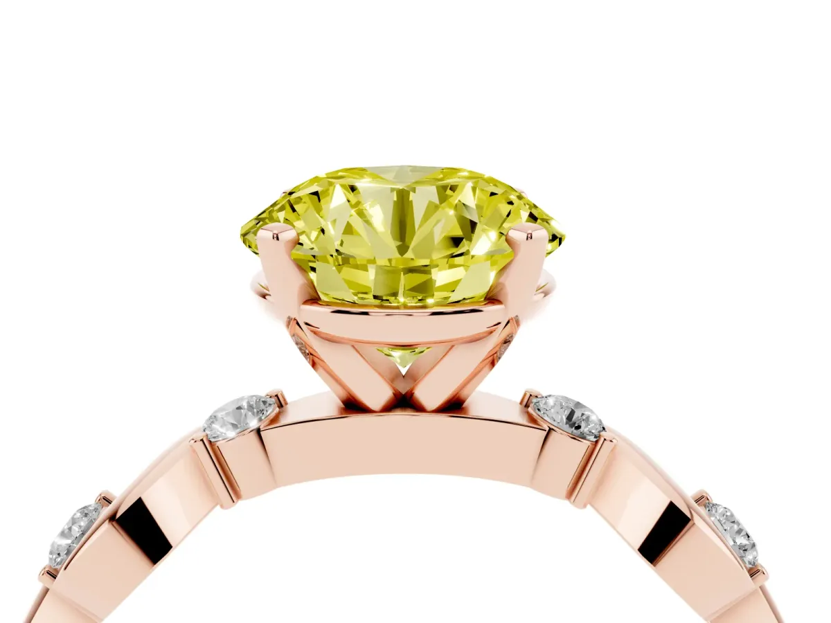 Fancy Yellow Round Cut Diamond Solitaire Twisted Band with Round Accents and Prong Setting Rose gold