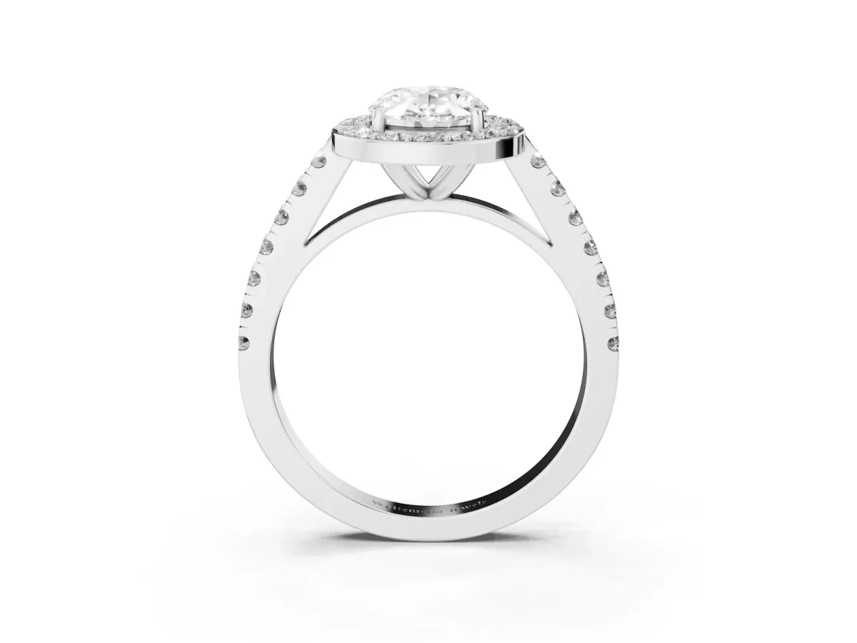 Oval Cut Diamond Halo Ring with Round Pavé Split Shank and Prong Setting White gold