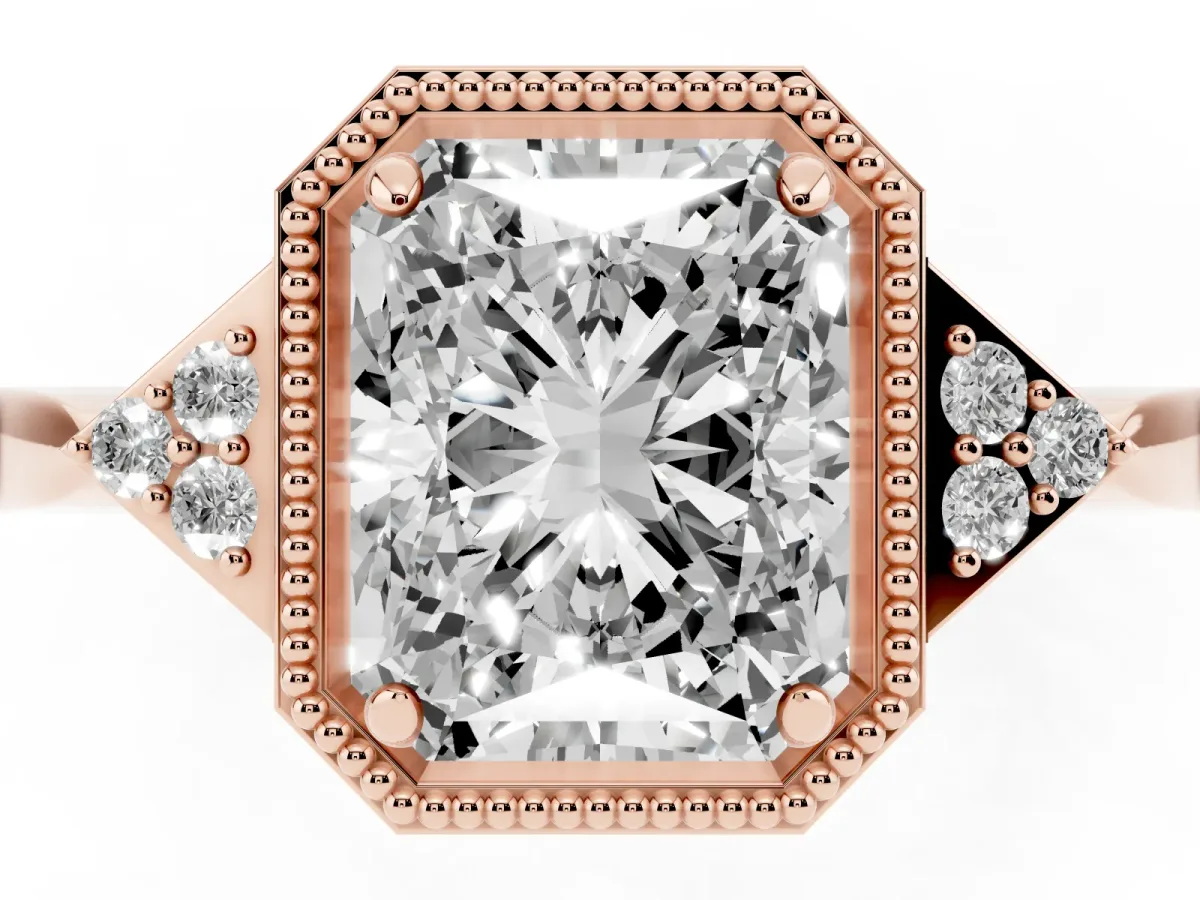 Hexagonal Halo Radiant Cut Diamond Solitaire with Pavé Band and Four-Prong Setting Rose gold