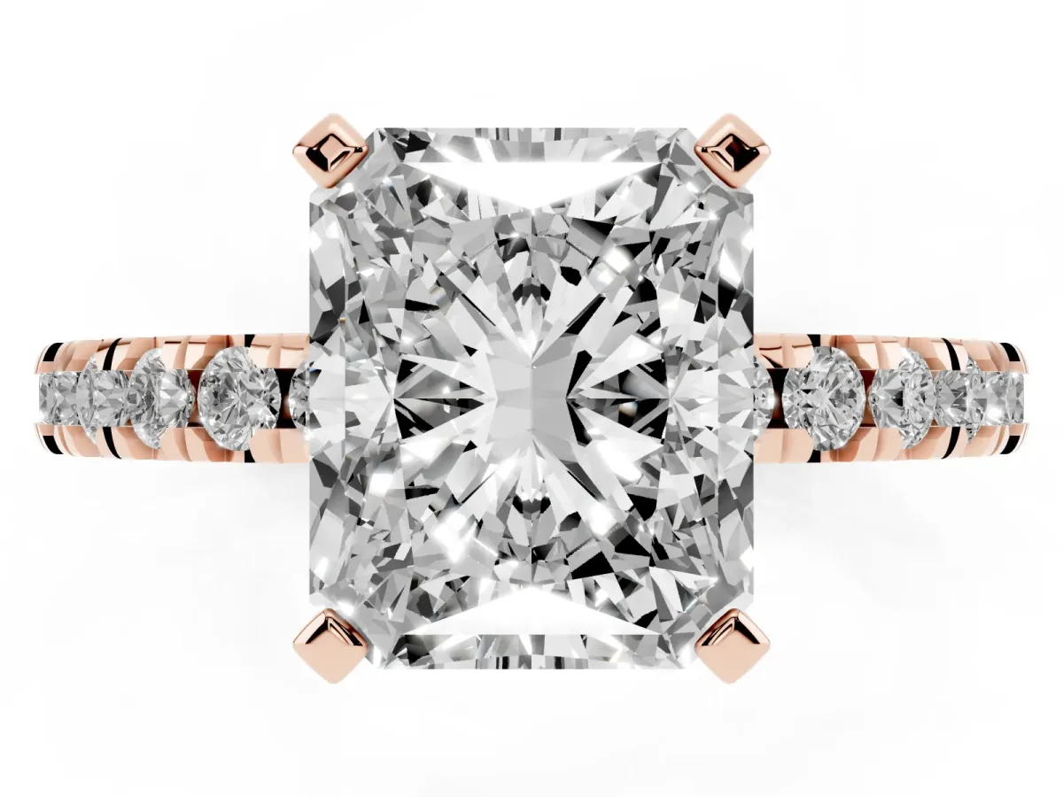Radiant Cut Diamond Pavé Band Solitaire with Four-Prong Setting Rose gold