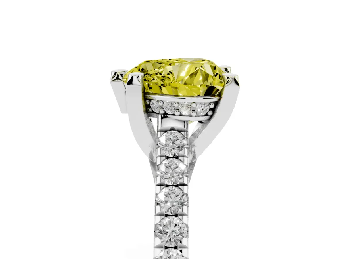Fancy Yellow Heart Cut Brilliant Diamond Solitaire with Pavé Band and Four-Prong Setting Silver