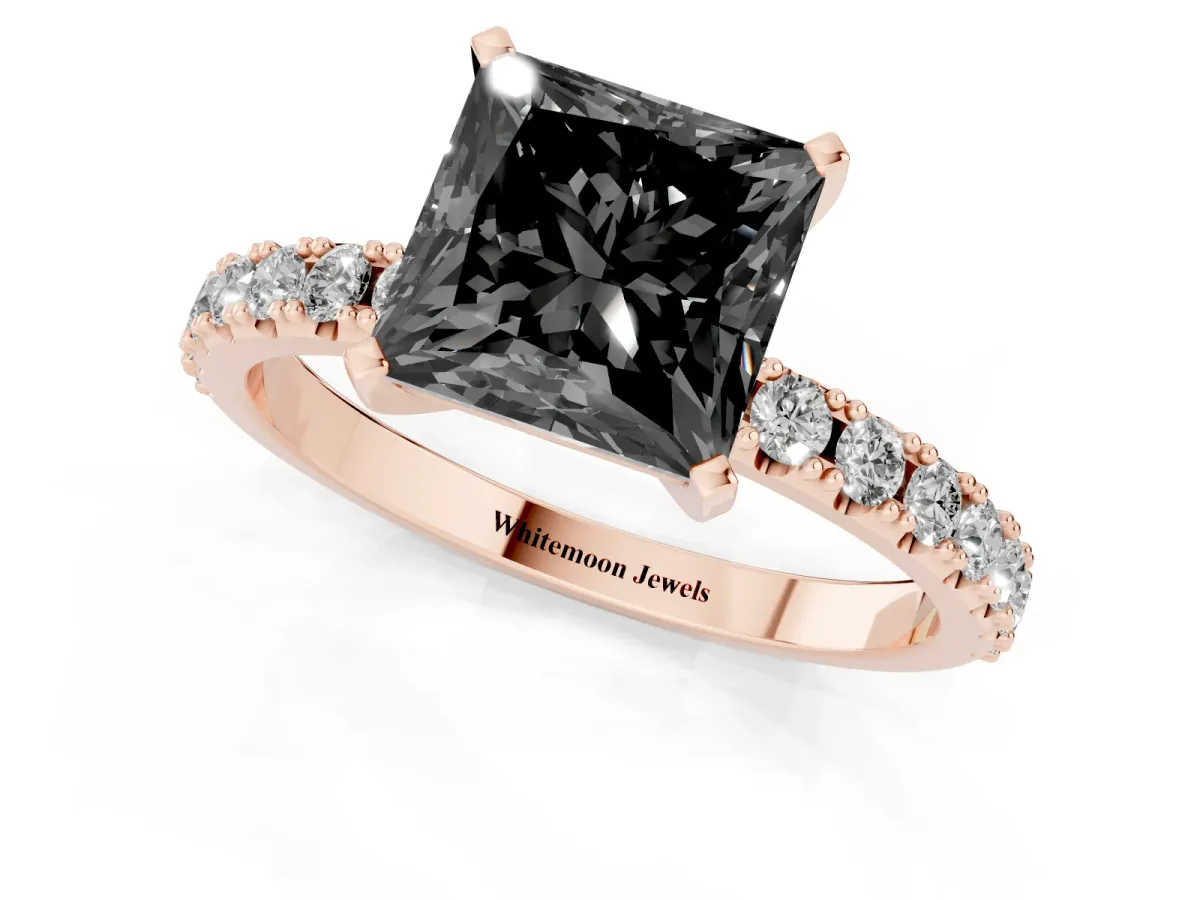 Fancy Black Princess Cut Diamond Solitaire Pavé Band with Four-Prong Setting Rose gold