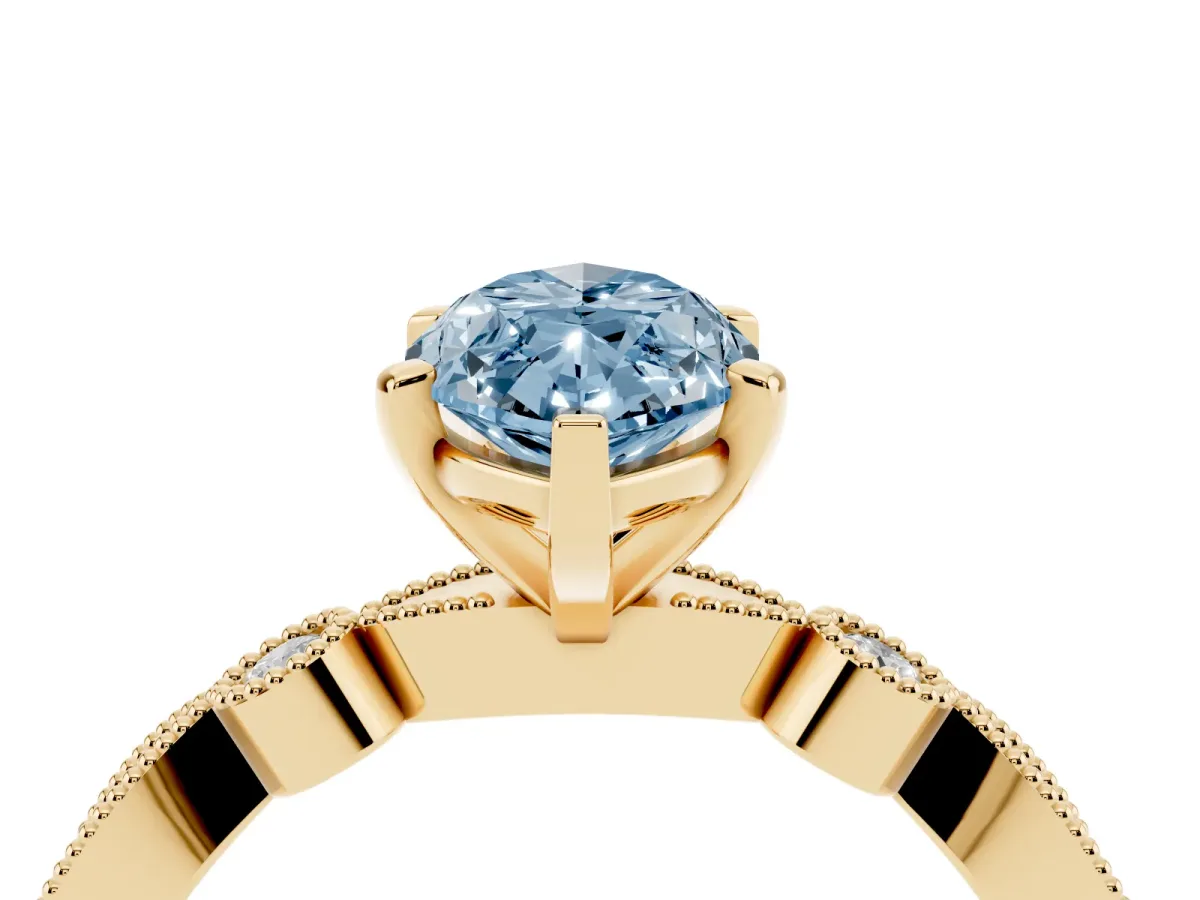 Fancy Blue Marquise Cut Milgrain Bezel Diamond Engagement Ring with Solitaire Prong Setting Yellow gold