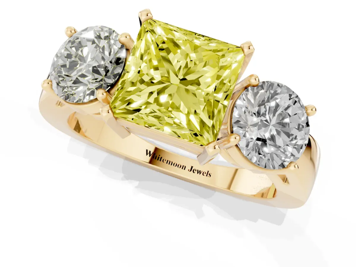 Fancy Yellow Three-Stone Princess Cut Diamond Ring with Round Side Stones, Classic Band, and Four-Prong Setting Yellow gold