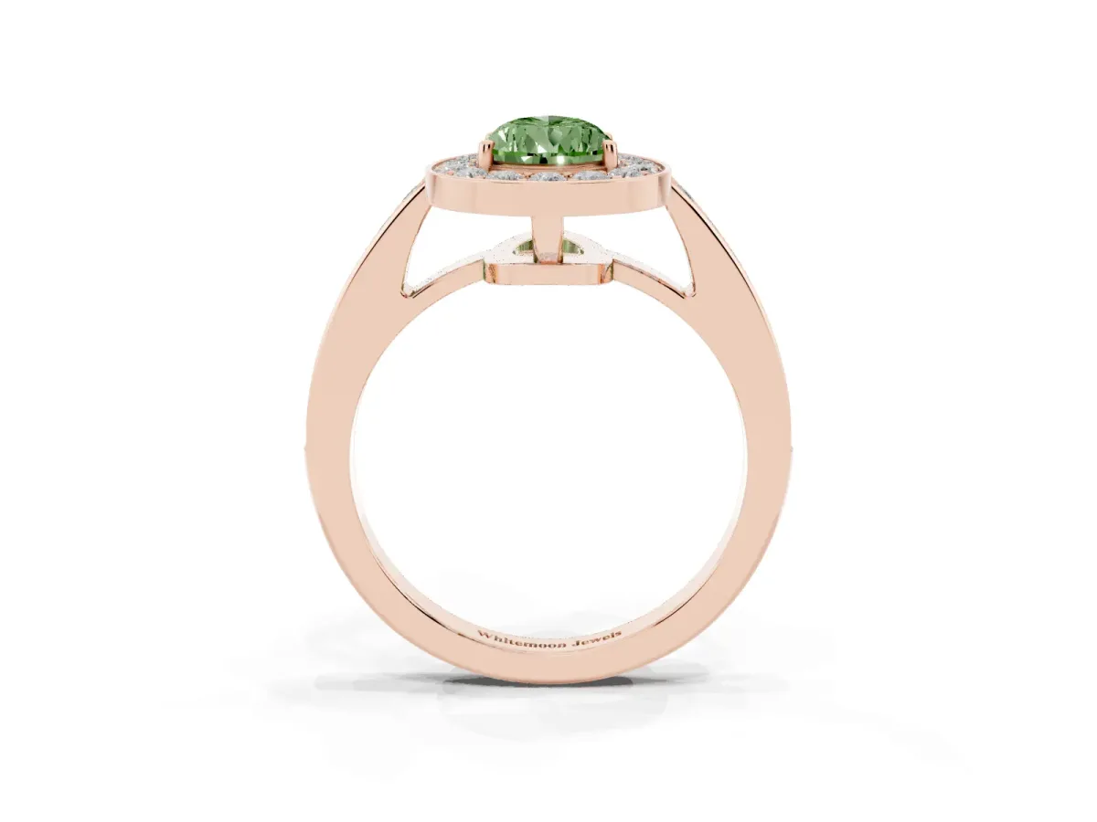 Fancy Green Pear Cut Halo Pavé Diamond Engagement Ring with Bezel Setting Rose gold