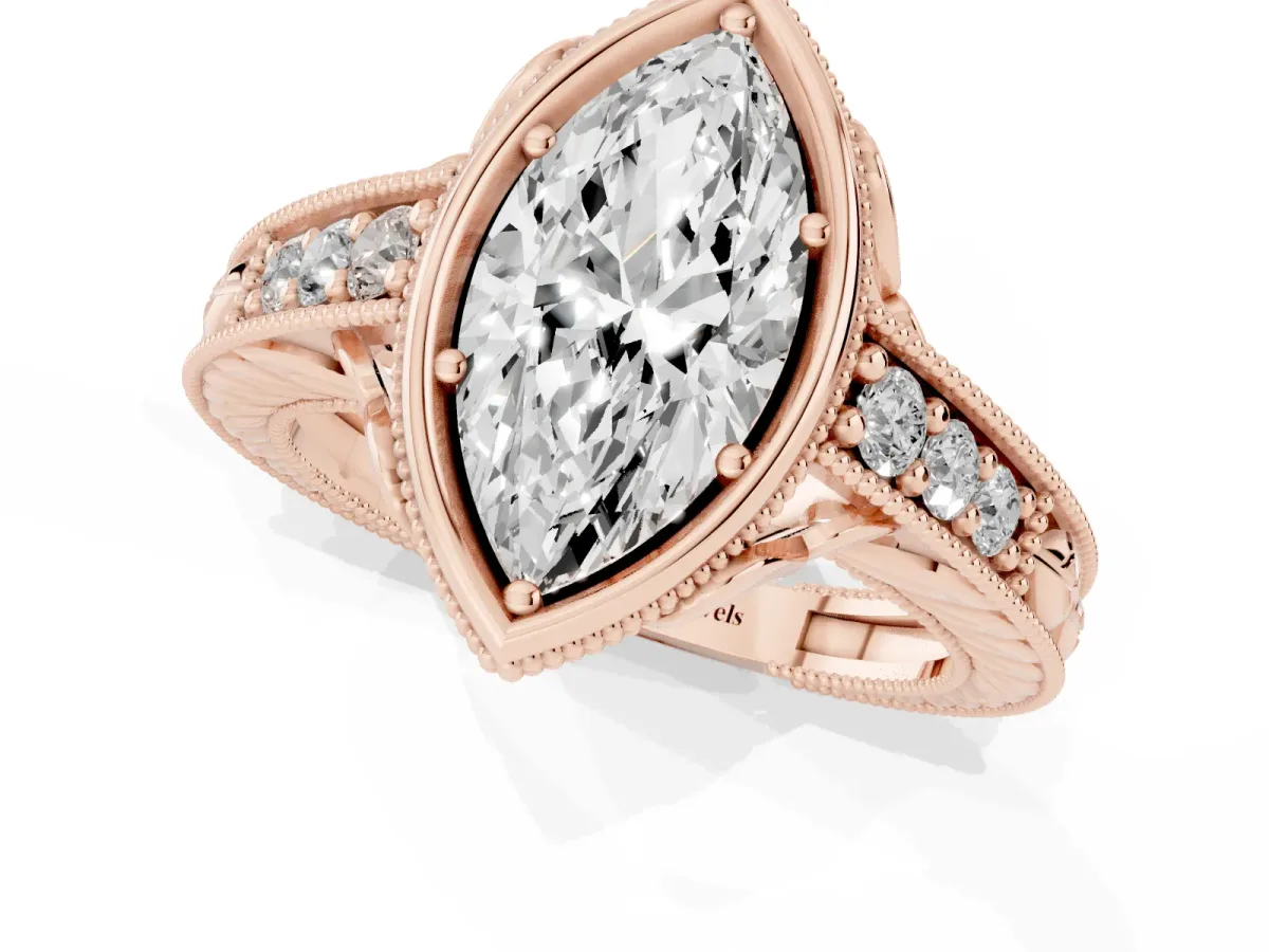 Bezel Set Marquise Cut Diamond Milgrain Pave Engagement Ring Rose gold