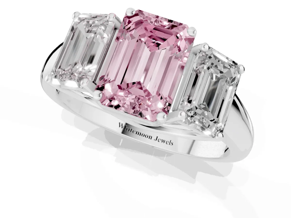 Fancy Pink Three-Stone Emerald Cut Diamond Engagement Ring with Prong Setting Platinum