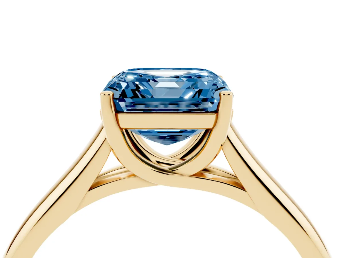 Fancy Blue Asscher Cut Solitaire Engagement Ring with Tapered Band and Four-Prong Setting Yellow gold