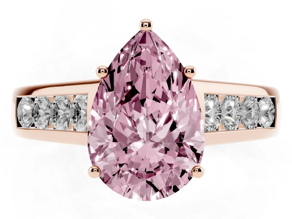 Fancy Pink Pear Cut Brilliant Channel-Set Solitaire Ring with Four-Prong Setting Rose gold
