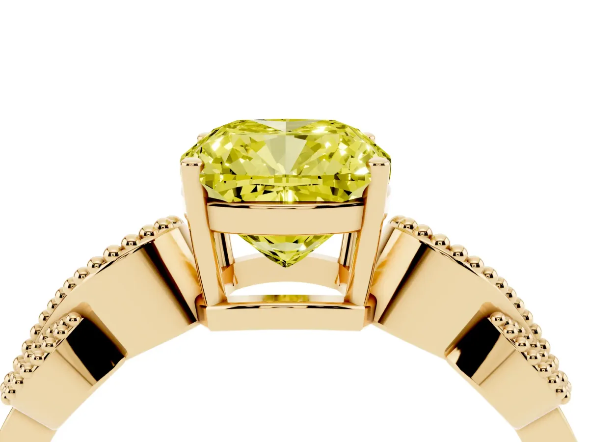 Fancy Yellow Cushion Cut Solitaire Milgrain Leaf Band with Prong Setting Yellow gold