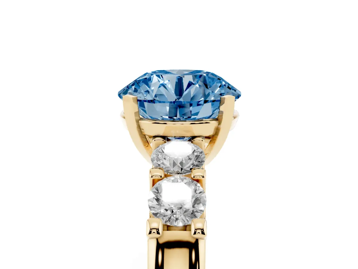 Fancy Blue Round Cut Brilliant Cut Diamond Five-Stone Prong Set Engagement Ring with Channel Band Yellow gold