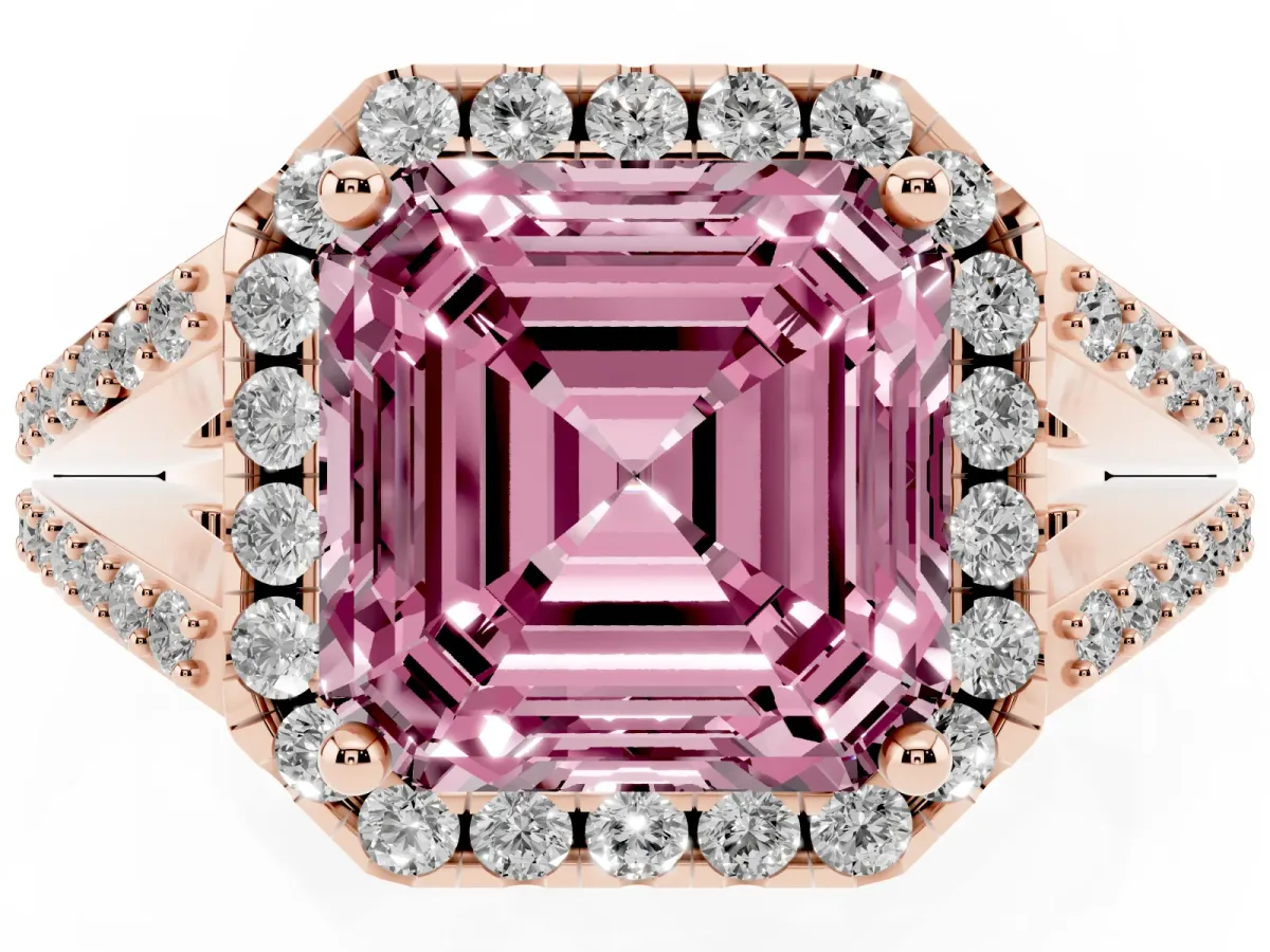 Fancy Pink Asscher Cut Halo Split Shank Diamond Ring with Prong Setting Rose gold