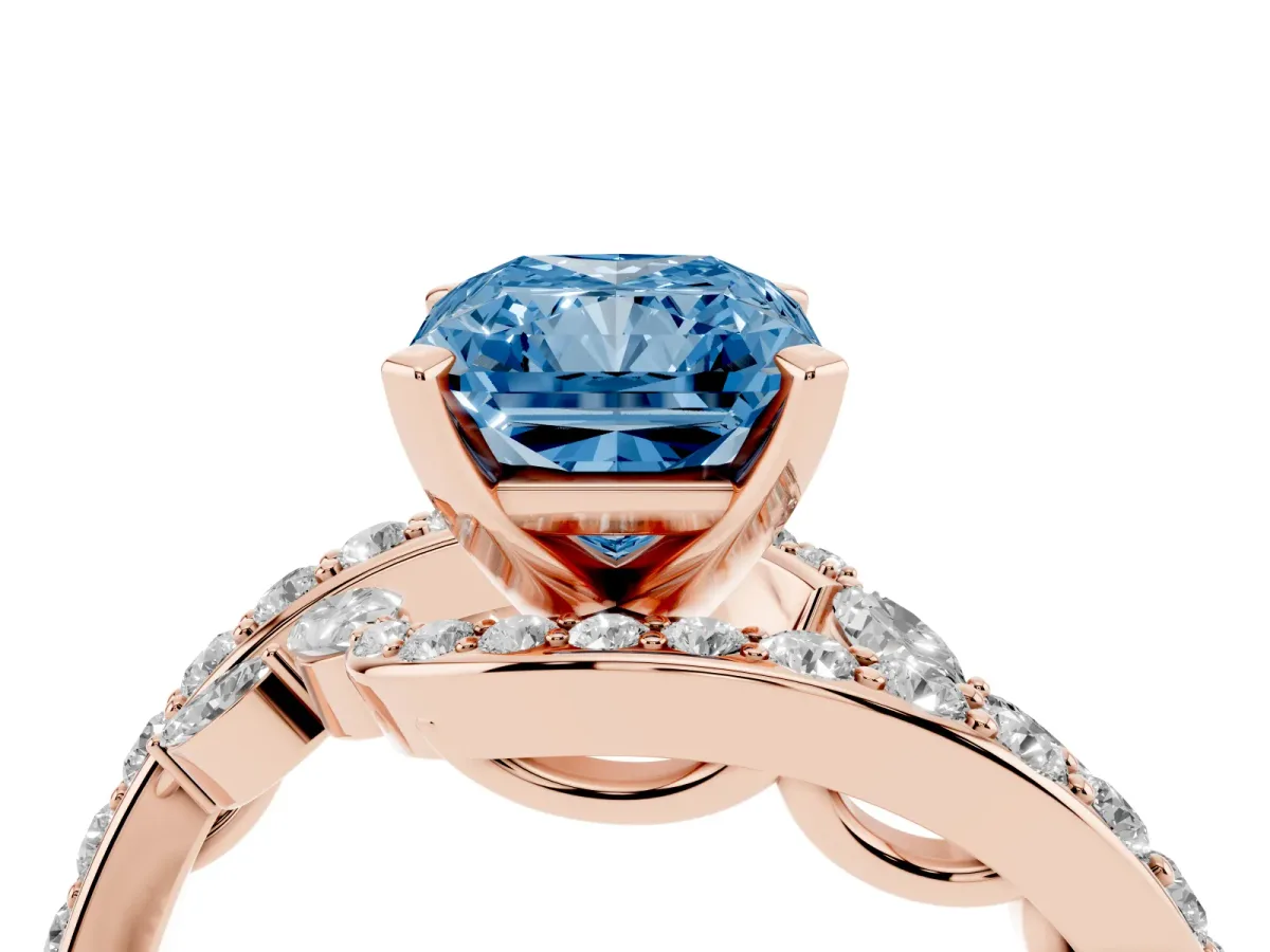 Fancy Blue Radiant Cut Solitaire with Pavé Twist Band and Four-Prong Setting Rose gold