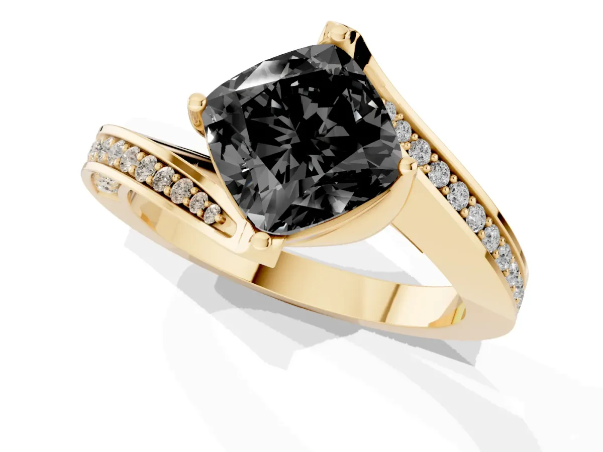 Fancy Black Cushion Cut Solitaire Diamond Twist Band with Pavé Setting and Four-Prong Setting Yellow gold