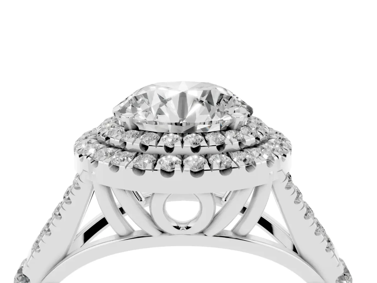 Round Cut Diamond Pavé Split Shank Double Halo Engagement Ring Platinum