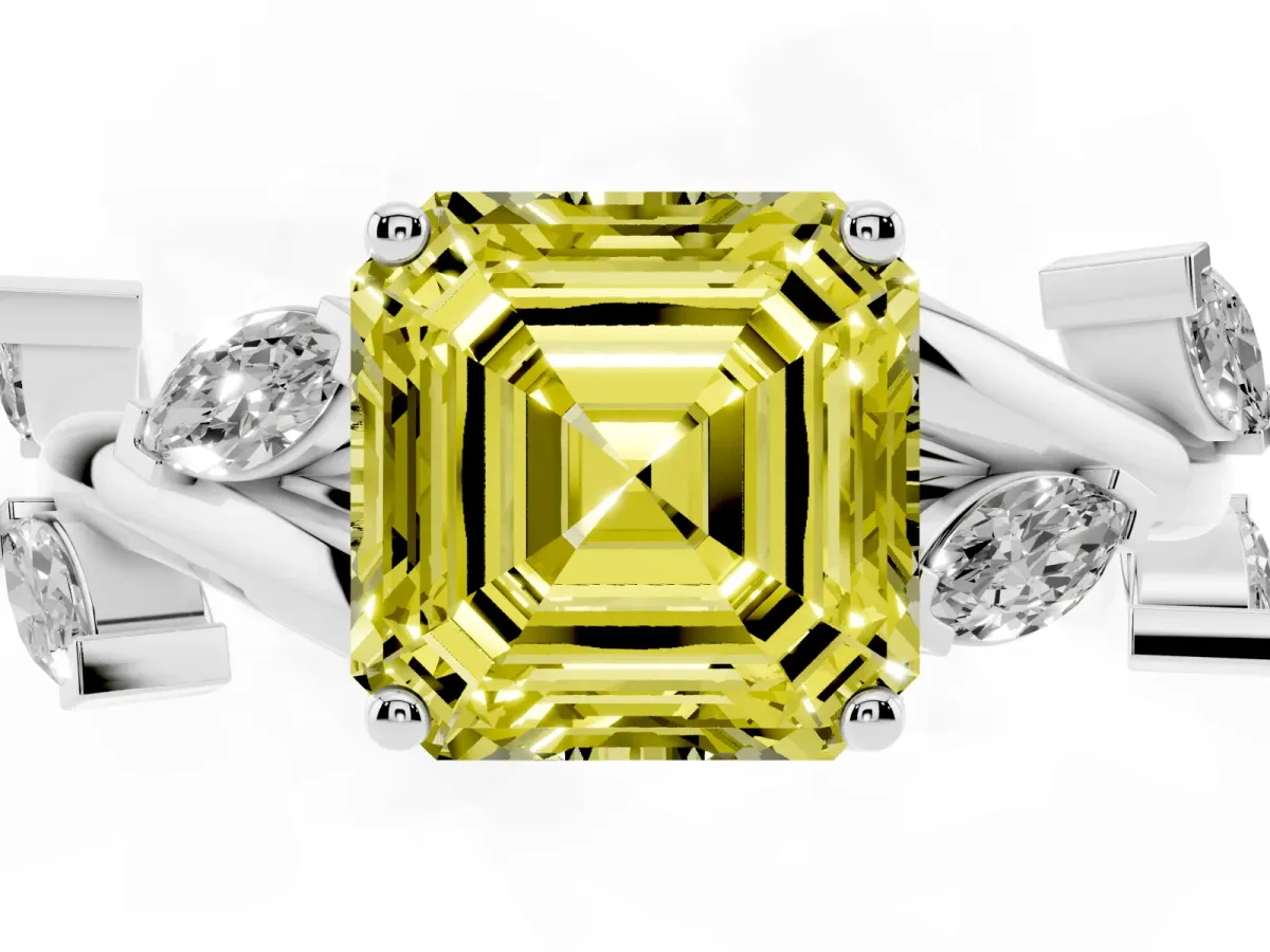 Fancy Yellow Asscher Cut Solitaire Twisted Band Marquise Accent Prong Setting Ring Platinum