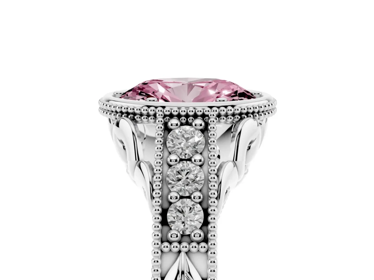 Fancy Pink Bezel Set Oval Cut Diamond Milgrain Pave Engagement Ring Silver