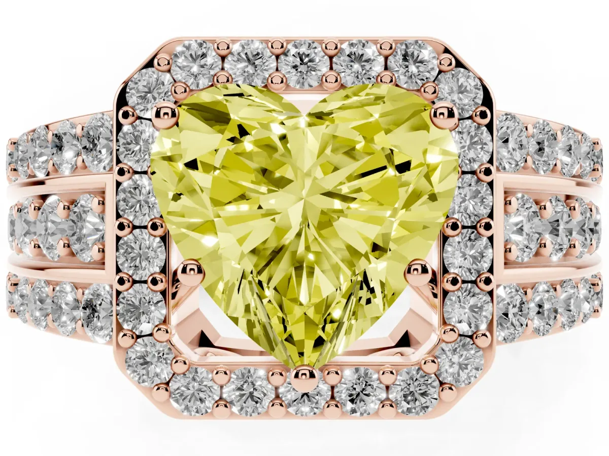 Fancy Yellow Heart Cut Halo Diamond Ring with Round Split Shank and Prong Setting Rose gold