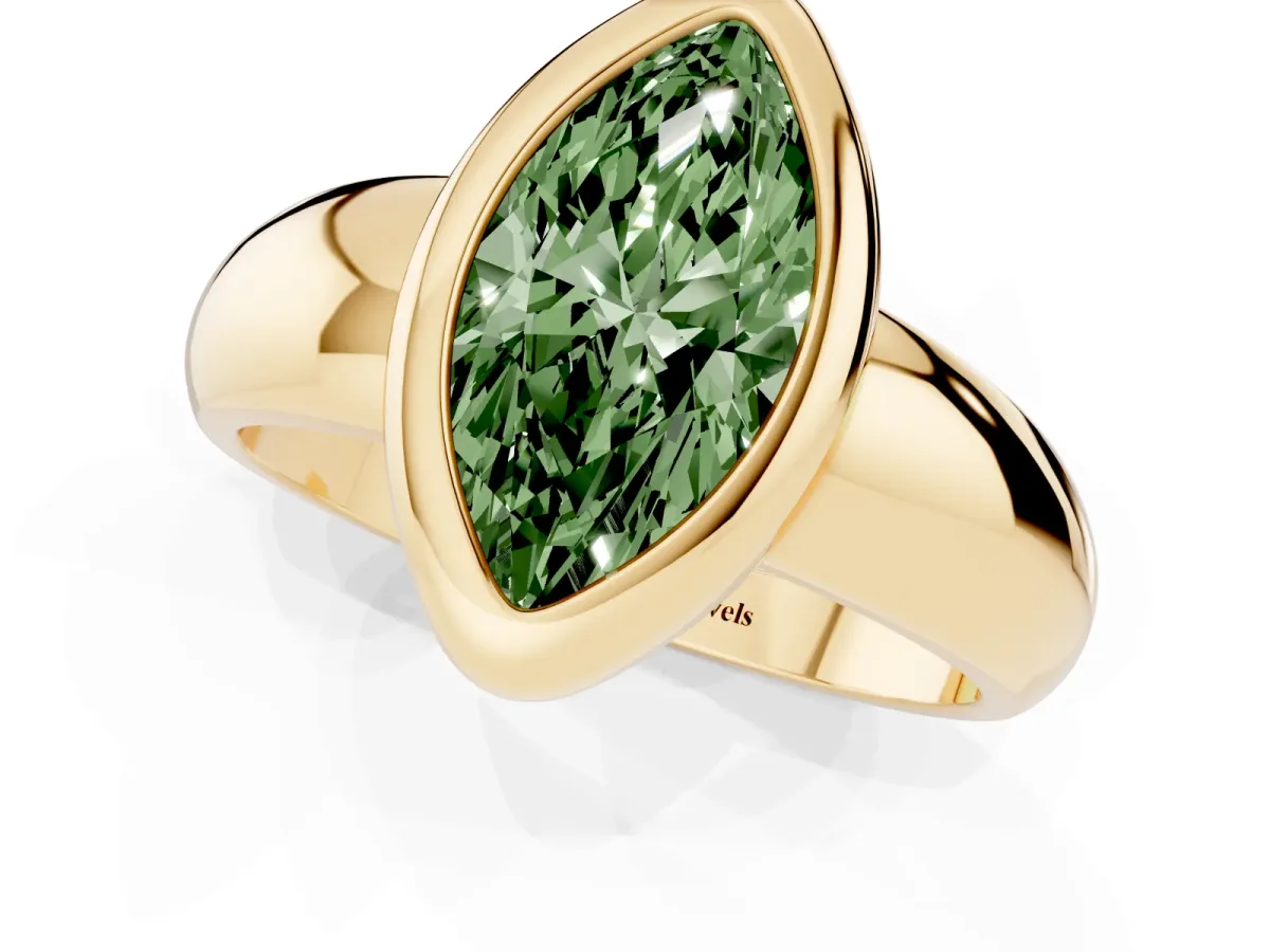 Fancy Green Bezel Set Marquise Cut Solitaire Ring with Wide Band Yellow gold
