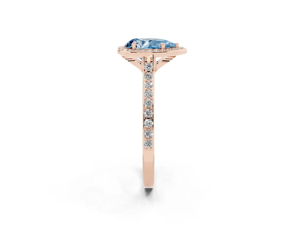 Fancy Blue Pear Cut Diamond Halo Engagement Ring with Round Pavé Shoulders and Prong Setting Rose gold