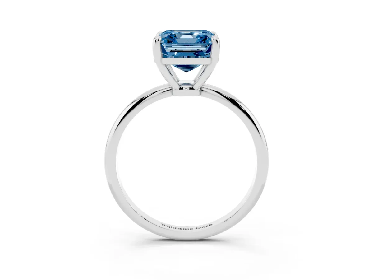Fancy Blue Asscher Cut Solitaire Diamond Ring with 4-Prong Setting on a Classic Band Silver
