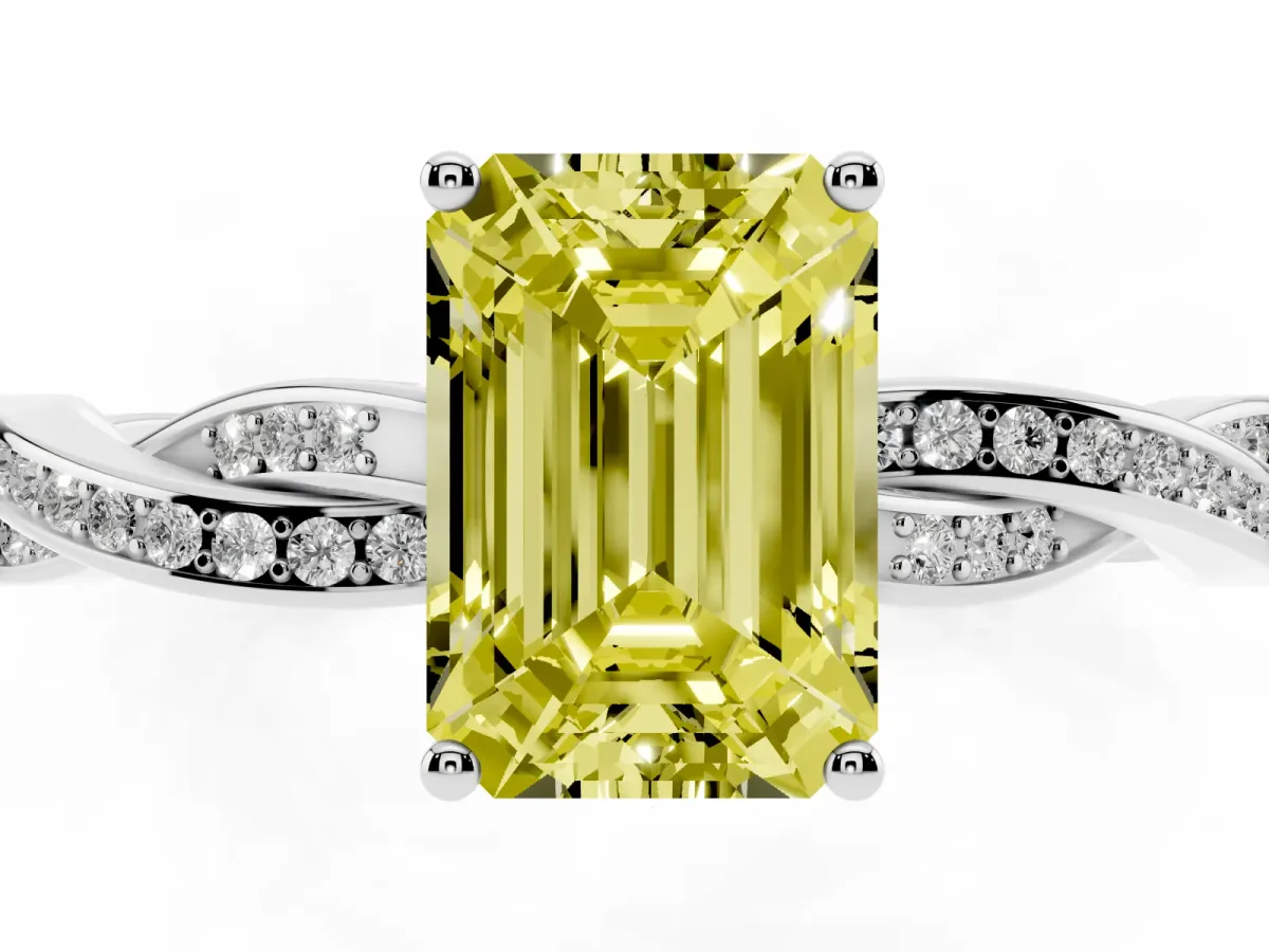 Fancy Yellow Emerald Cut Solitaire Twisted Pave Diamond Ring with Four-Prong Setting White gold