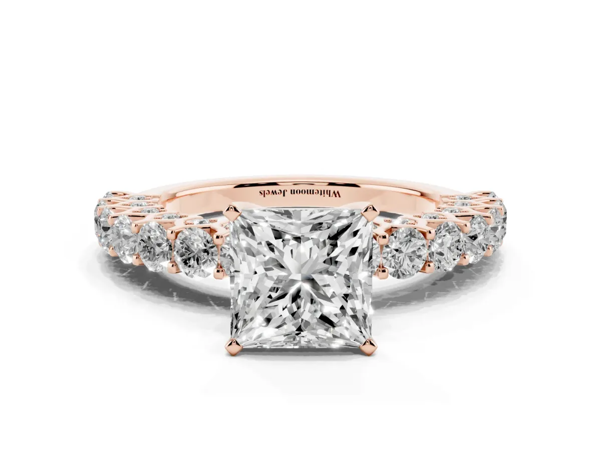 Princess Cut Diamond Solitaire Ring with Shared Prong Pavé Band and Four-Prong Setting Rose gold