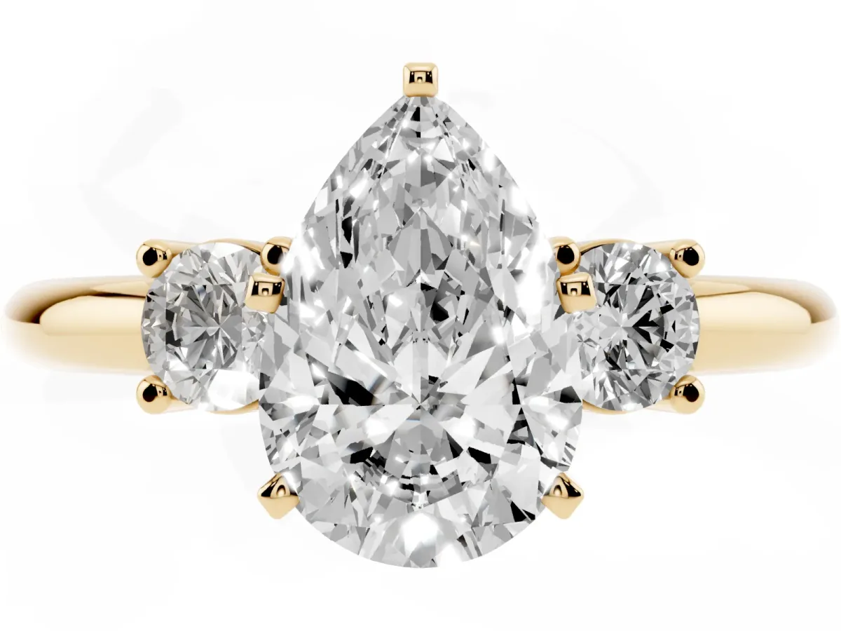 Three-Stone Pear Cut Cut Diamond Solitaire with Prong Setting and Classic Band Yellow gold