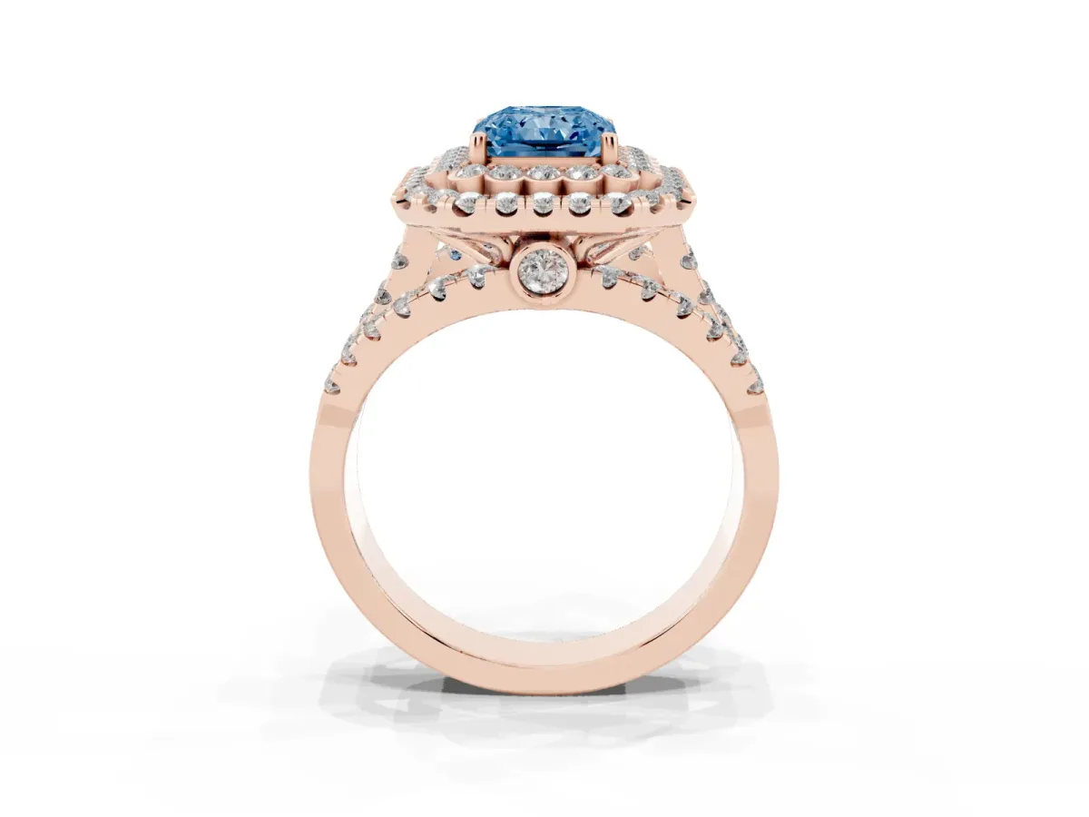 Fancy Blue Radiant Cut Diamond Double Halo Ring with Round Pavé Split Shank and Prong Setting Rose gold