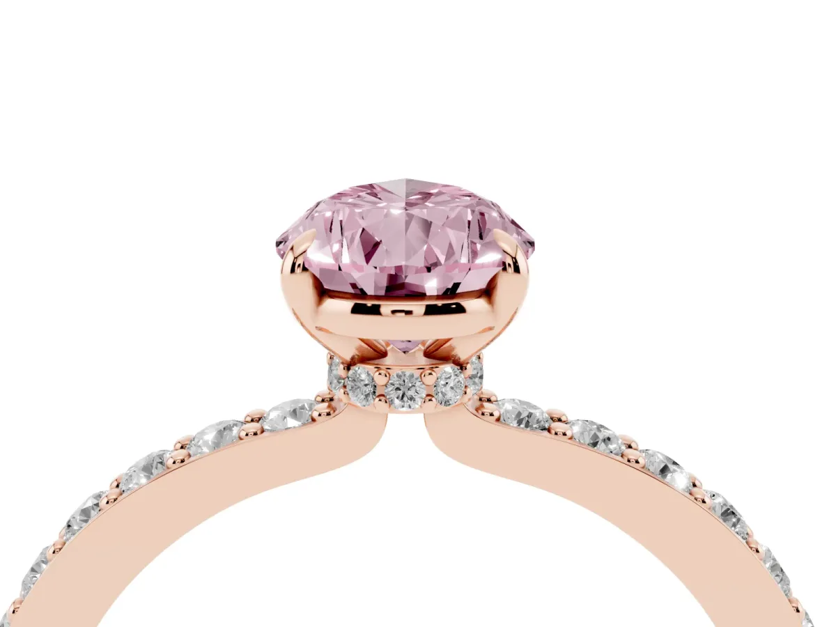 Fancy Pink Pear Cut Diamond Pavé Engagement Ring with Round Accents and Prong Setting Rose gold