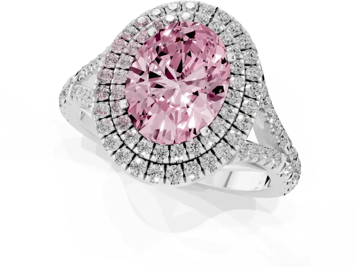Fancy Pink Oval Cut Cut Double Halo Split Shank Diamond Ring with Prong Setting White gold