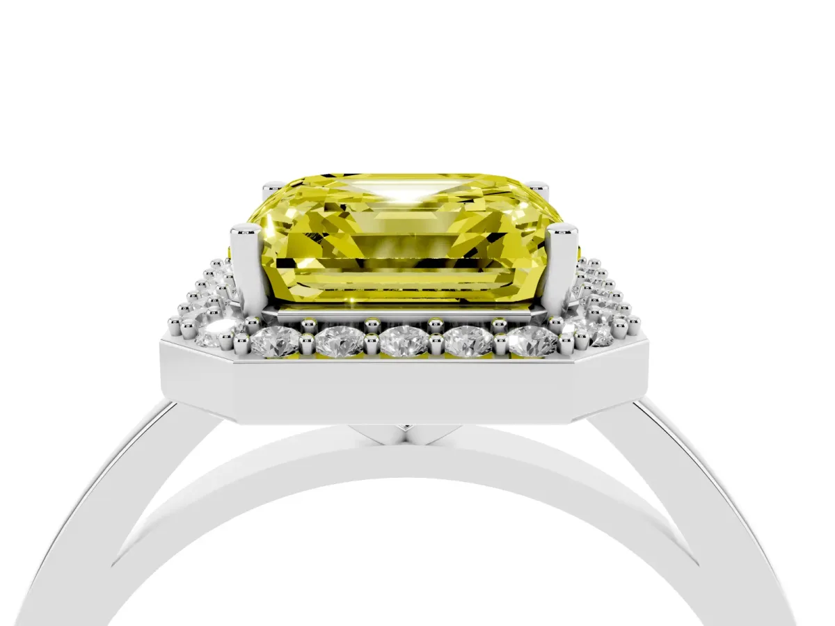 Fancy Yellow Asscher Cut Halo Diamond Ring with Solitaire Band and Prong Setting Silver