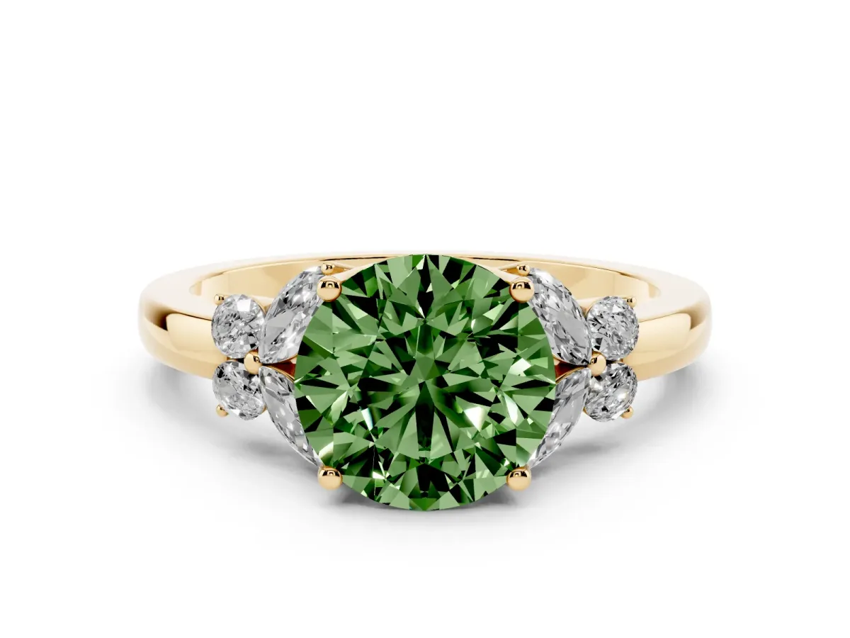 Fancy Green Round Cut Cut Solitaire Floral Diamond Ring with Four-Prong Setting Yellow gold