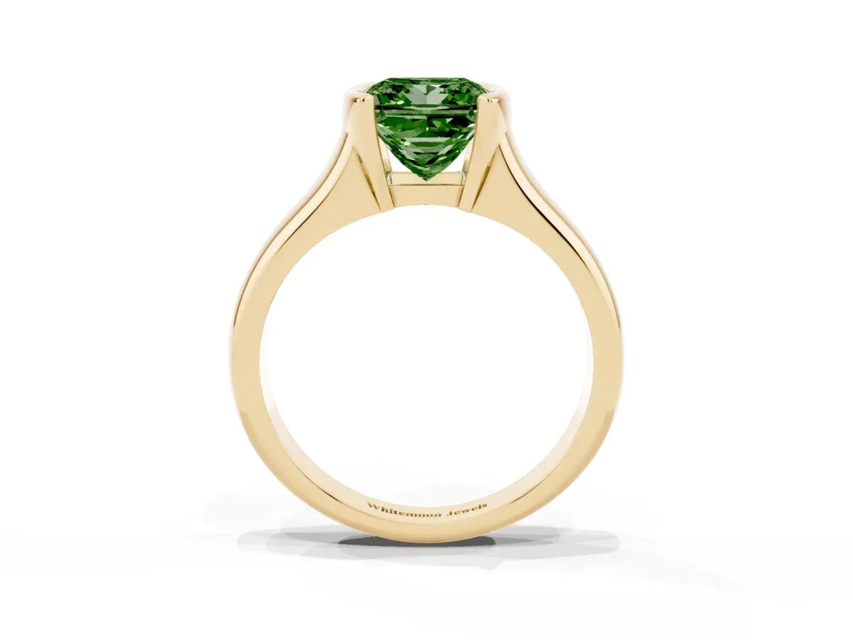 Fancy Green Princess Cut Solitaire Tension Set Diamond Ring with Split Shank Band Yellow gold