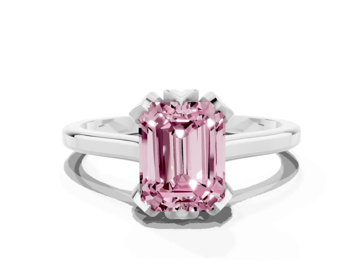 Fancy Pink Emerald Cut Diamond Solitaire Ring with Flower Prong Setting and Classic Band Silver