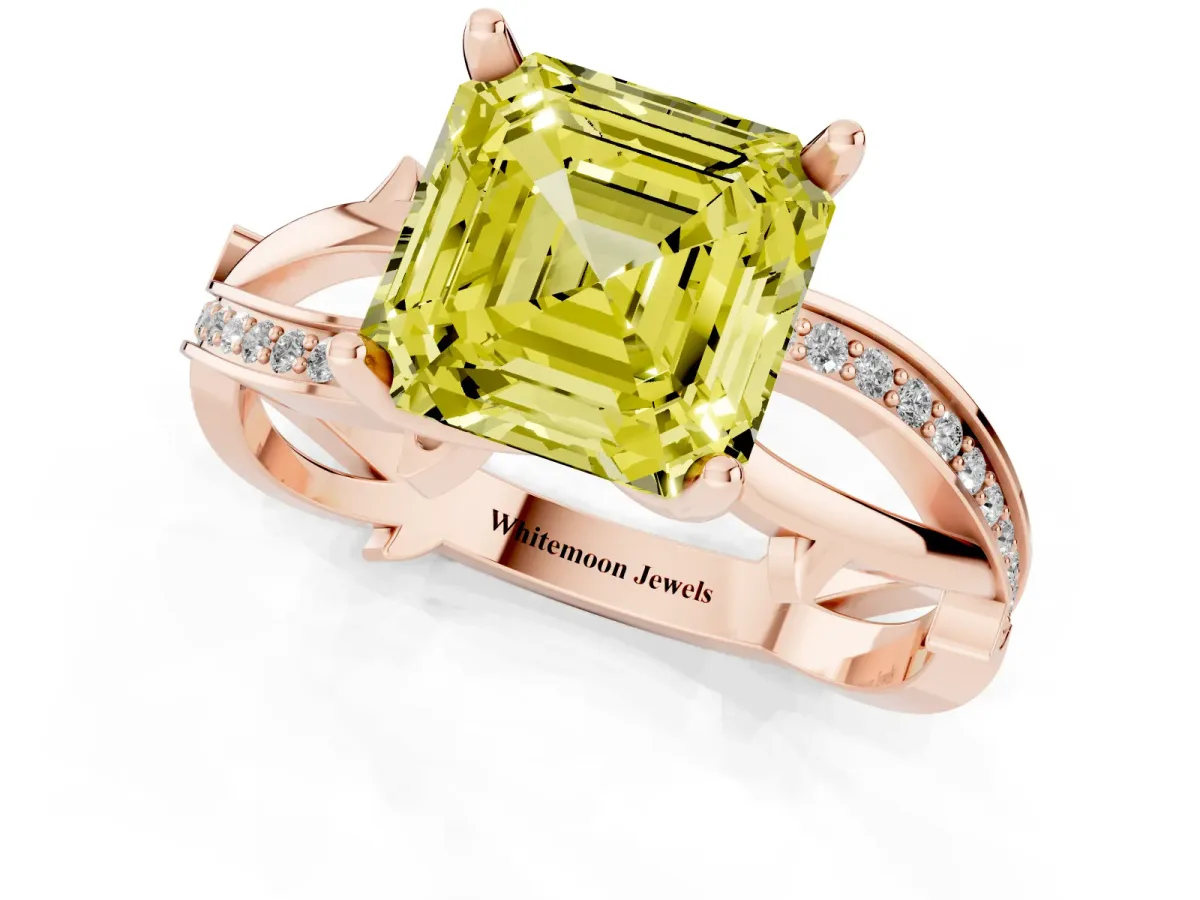 Fancy Yellow Asscher Cut Solitaire Twist Band with Pavé Accents and Four-Prong Setting Rose gold