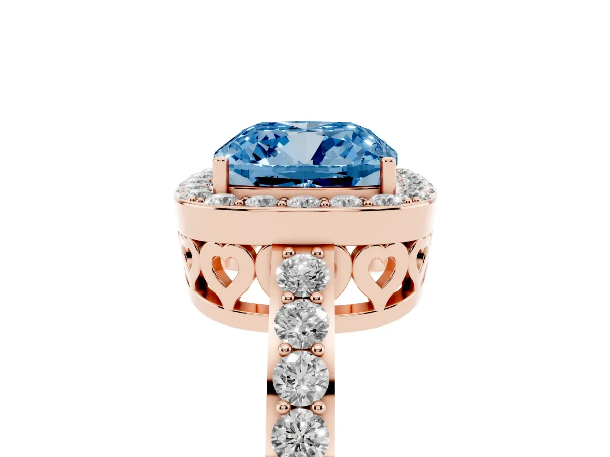 Fancy Blue Cushion Cut Halo Diamond Pavé Band Ring with Prong Setting Rose gold