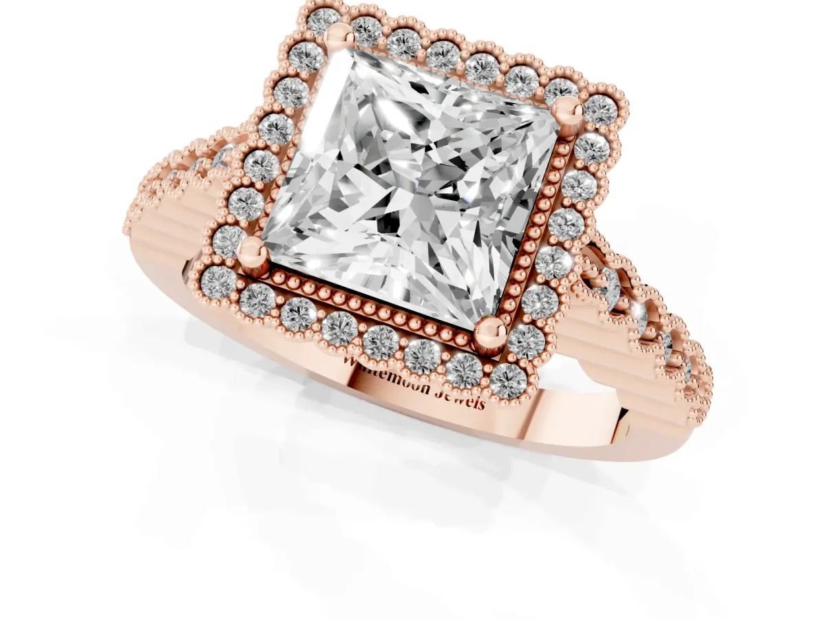 Princess Cut Cut Halo Pavé Solitaire Ring with Milgrain Band Rose gold