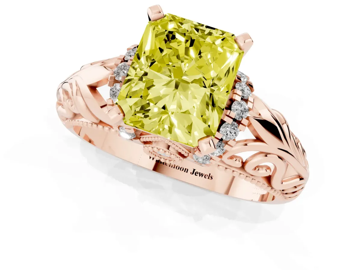 Fancy Yellow Radiant Cut Solitaire Filigree Engagement Ring with Halo and Prong Setting Rose gold