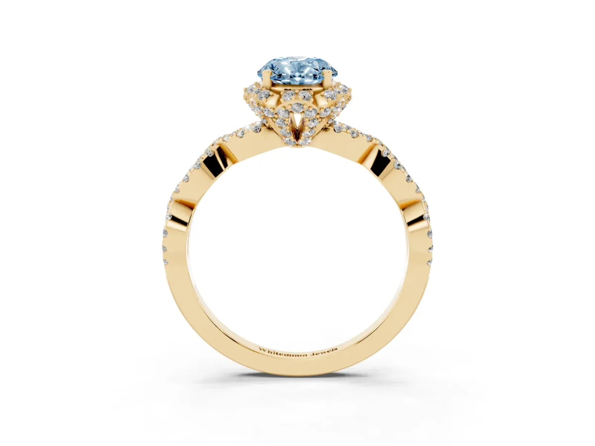 Fancy Blue Oval Cut Halo Twist Band Solitaire Ring with Six-Prong Setting Yellow gold