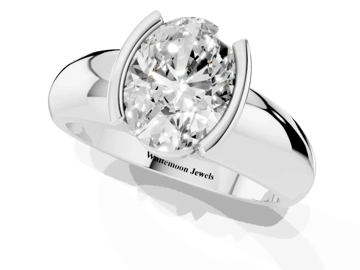 Oval Cut Solitaire Tension Set Diamond Ring with Wide Band Platinum