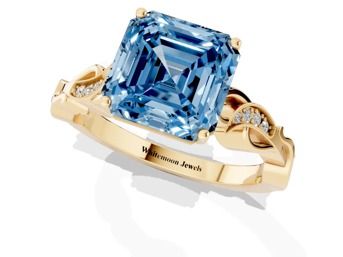 Fancy Blue Asscher Cut Solitaire Vine Band with Milgrain Prong Setting Yellow gold