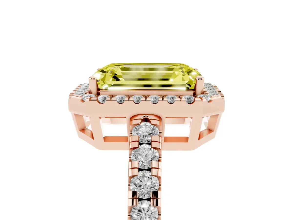 Fancy Yellow Emerald Cut Diamond Halo Ring with Pavé Band and Four-Prong Setting Rose gold