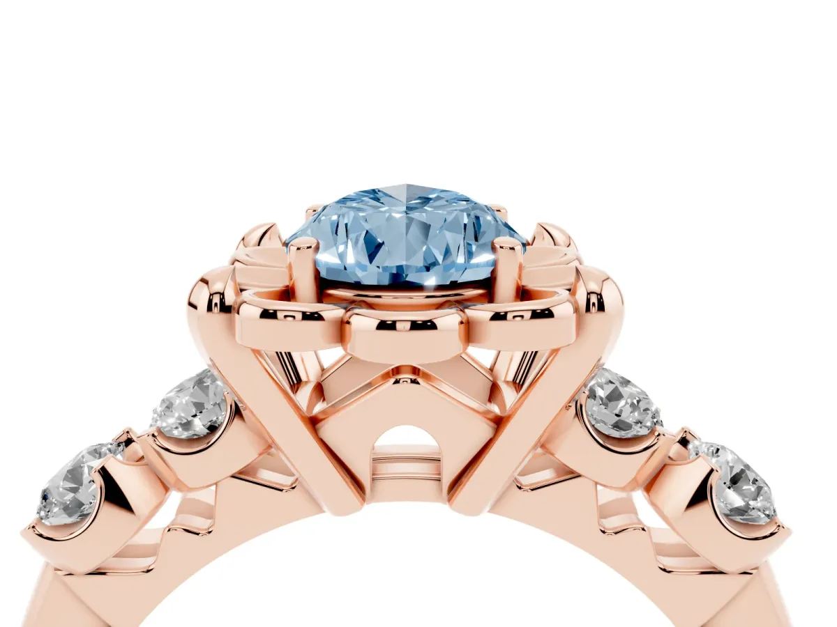 Fancy Blue Pear Cut Cut Diamond Floral Halo Engagement Ring with Shared Prong Setting Rose gold