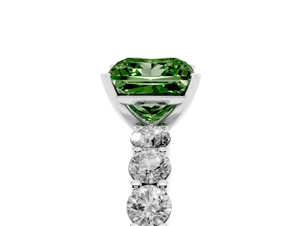 Fancy Green Princess Cut Diamond Solitaire Ring with Shared Prong Round Side Stones Platinum